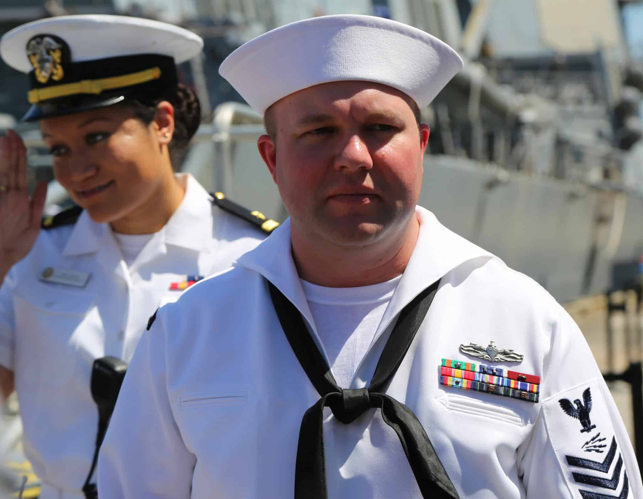 Unidentified officer on the deck of US guided missile destroyer USS Mitscher