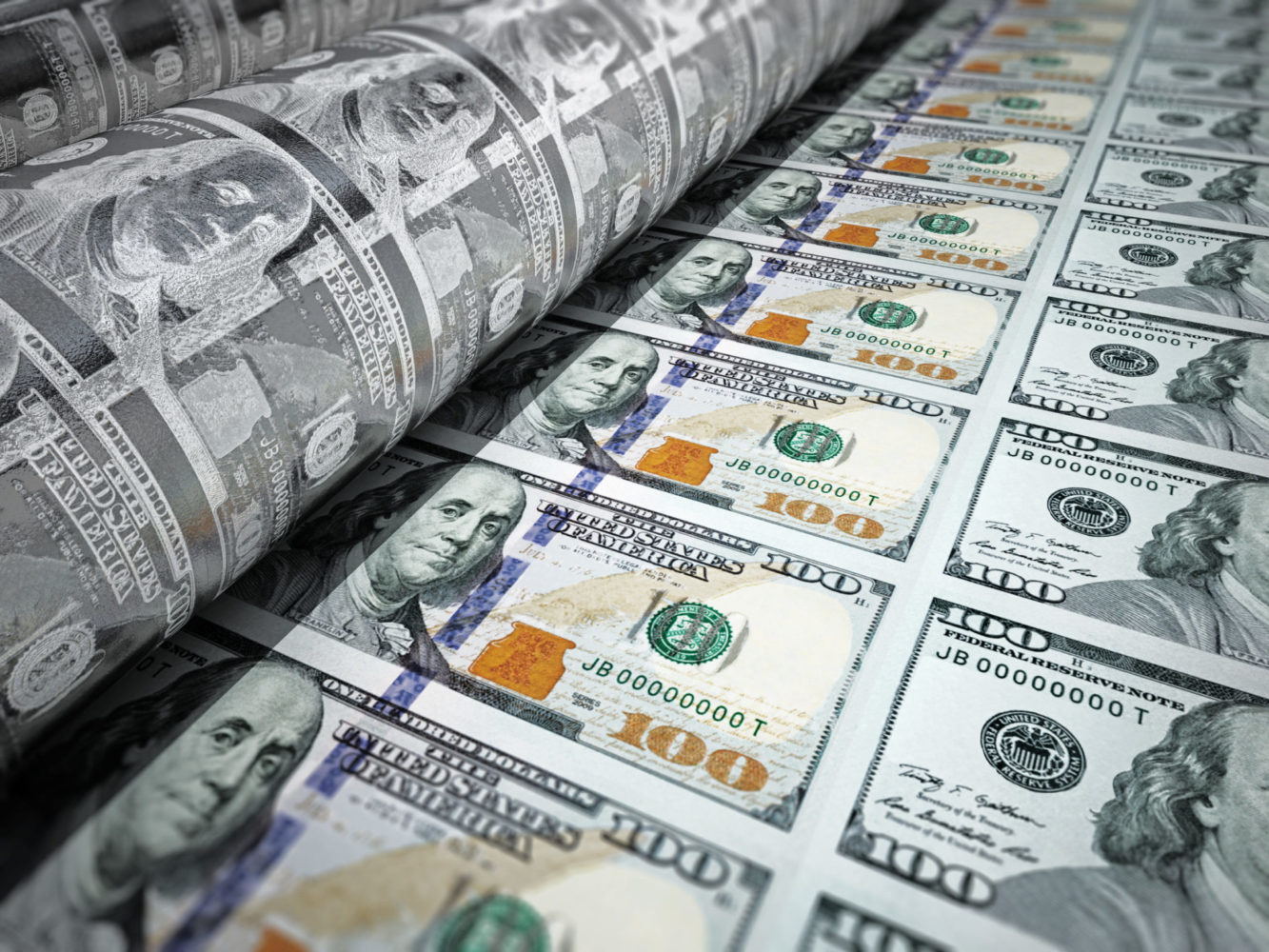 Money printing machine printing 100 dollar banknotes 3D illustration - This Nation