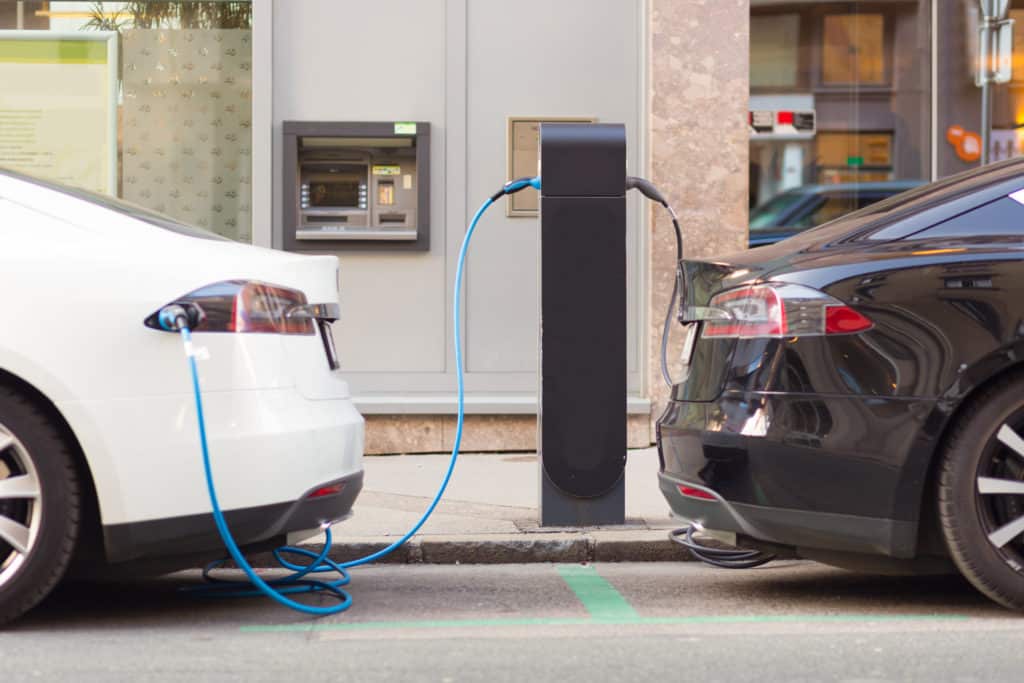 Electric Cars in Charging Station.