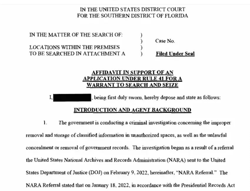 DOJs redacted affidavit justifying Trump MaraLago raid PDF Classified Information